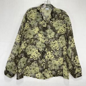 Haband! Shirt Womens Large Green Sheer Floral Print Button Down Long Sleeve